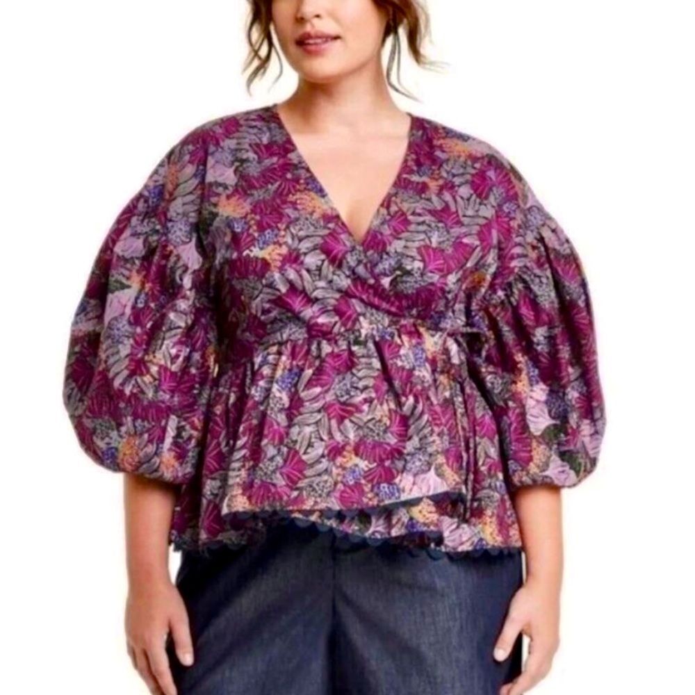 NWT Kika Vargas x Target Coral Reef Puff Sleeve Scalloped Edge Peplum Wrap Top